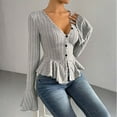 thumbnail image 4 of DAFPZW Womens Bell Sleeve Peplum Sweaters Fashion Fall V-Neck Button Down Elegant Ruffle Hem Sexy Slim Knit Tops Clothes, 4 of 6