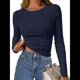 thumbnail image 1 of Tops de Larga Acanalados para Mujer, Camiseta Corta Ajustada y Elástica con Costuras Expuestas, Camiseta de Moda para y Otoño. Azul Marino S, 1 of 8