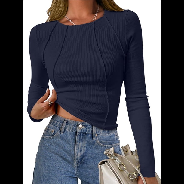 Tops de Larga Acanalados para Mujer, Camiseta Corta Ajustada y Elástica con Costuras Expuestas, Camiseta de Moda para y Otoño. Azul Marino S