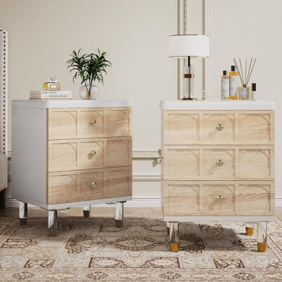 Tribesigns 3 Drawers Nightstand White Gold Bedside Table Set of 2, Bedroom Tall Night Stands White Gold Sofa End Table with Storage, Bedside Table for Bedroom, Living Room (2PCS)