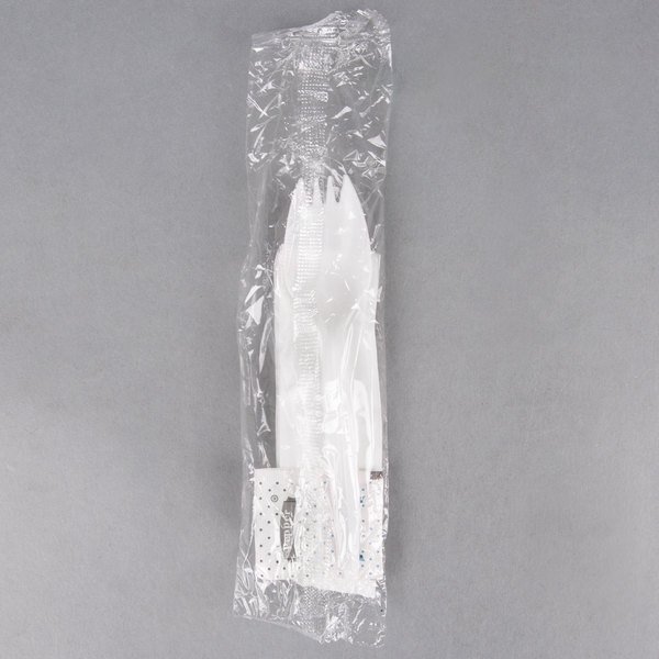 Choice Medium Weight White Wrapped Plastic Spork, Napkin, and Salt