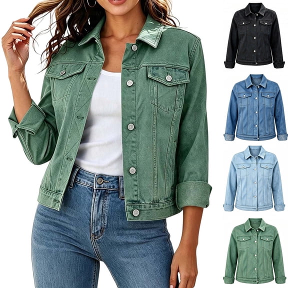 qafoshin Crop Denim Jackets for Women Lapel Solid Casual Long Sleeve Tops Trendy Button Down Jean Coat