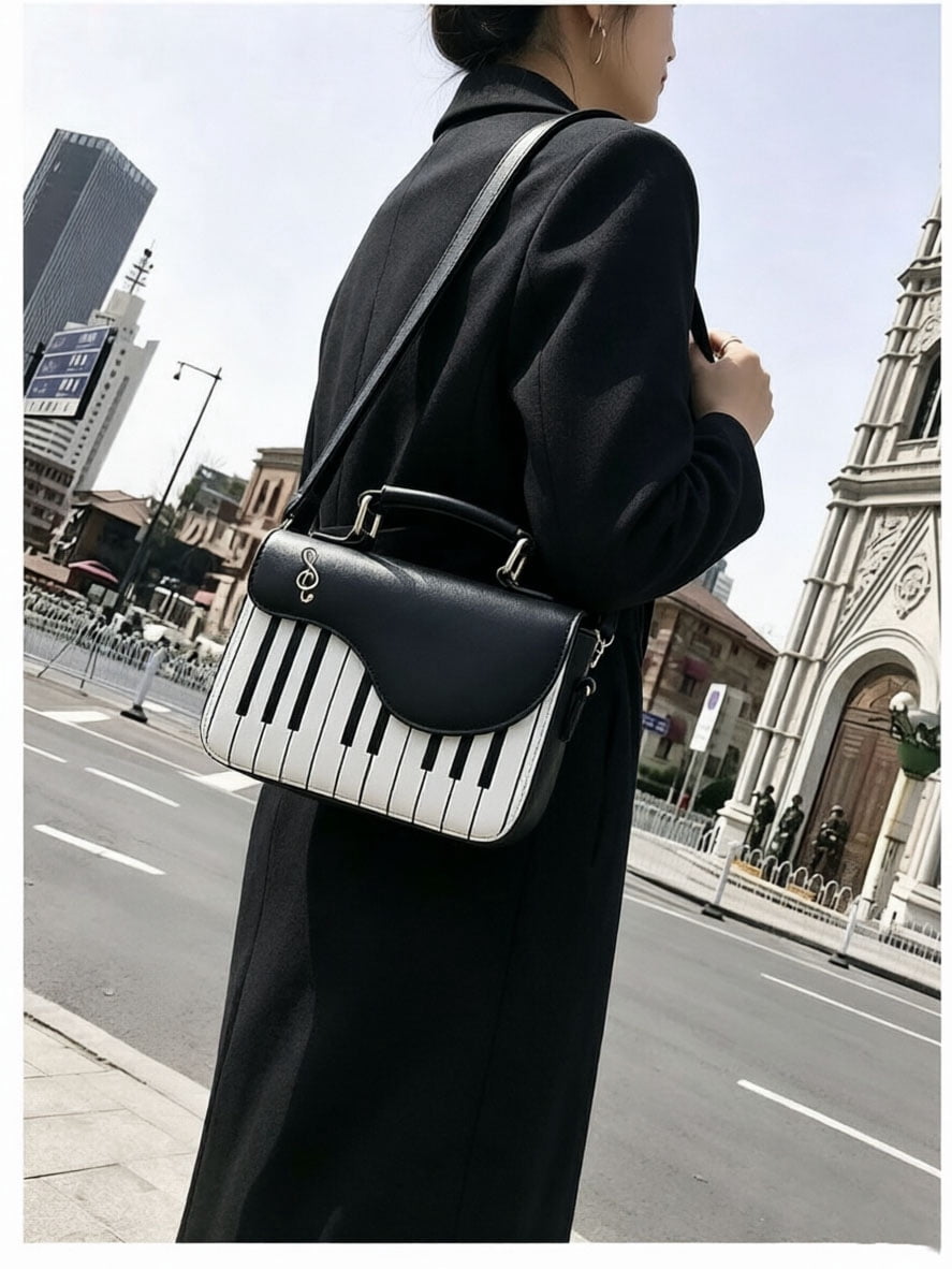 Piano Music Notes PU Leather Shoulder Tote Bag Purse Crossbody Handbag for Women Girls (Black), 14cm