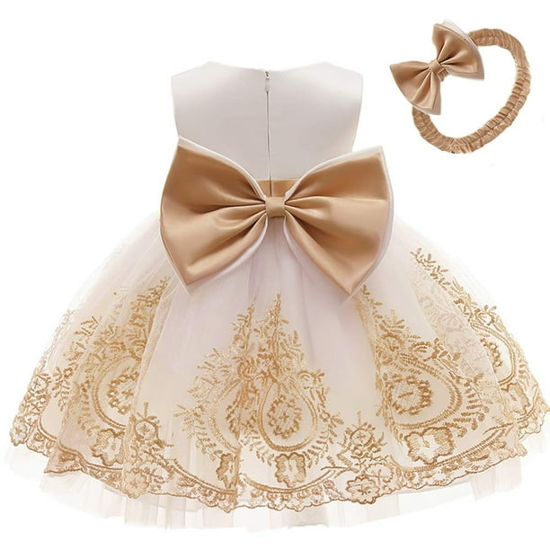 Vestido de Niña de las Flores AIMJCHLD de Encaje para Boda en Blanco y Dorado 18M 24M