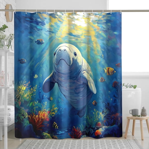 Sea Manatee Shower Curtain, Underwater Ocean Sealife Fish Waterproof Bathroom Curtain with Hooks, Coral Bathroom Decor 36"W x 72"H