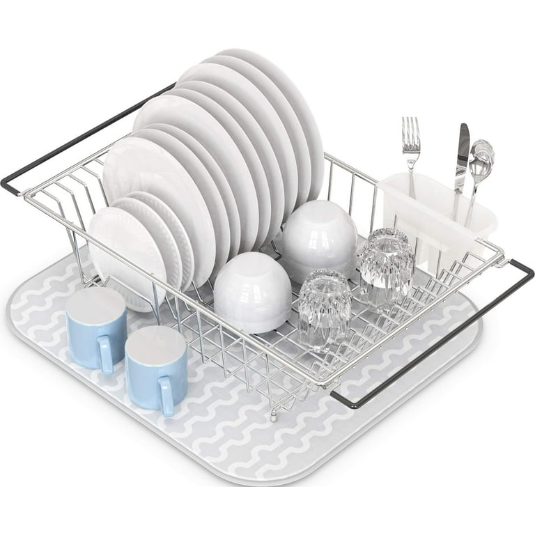 Simple Houseware Large Over Sink Counter Top Dish Drainer Drying Rack with Drying Mat and Utensil Holder, Chrome