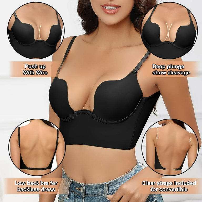 Baycosin Women's Deep U Bra Multiway Plunge Push-Up Underwear with  Transparent Removable Straps 