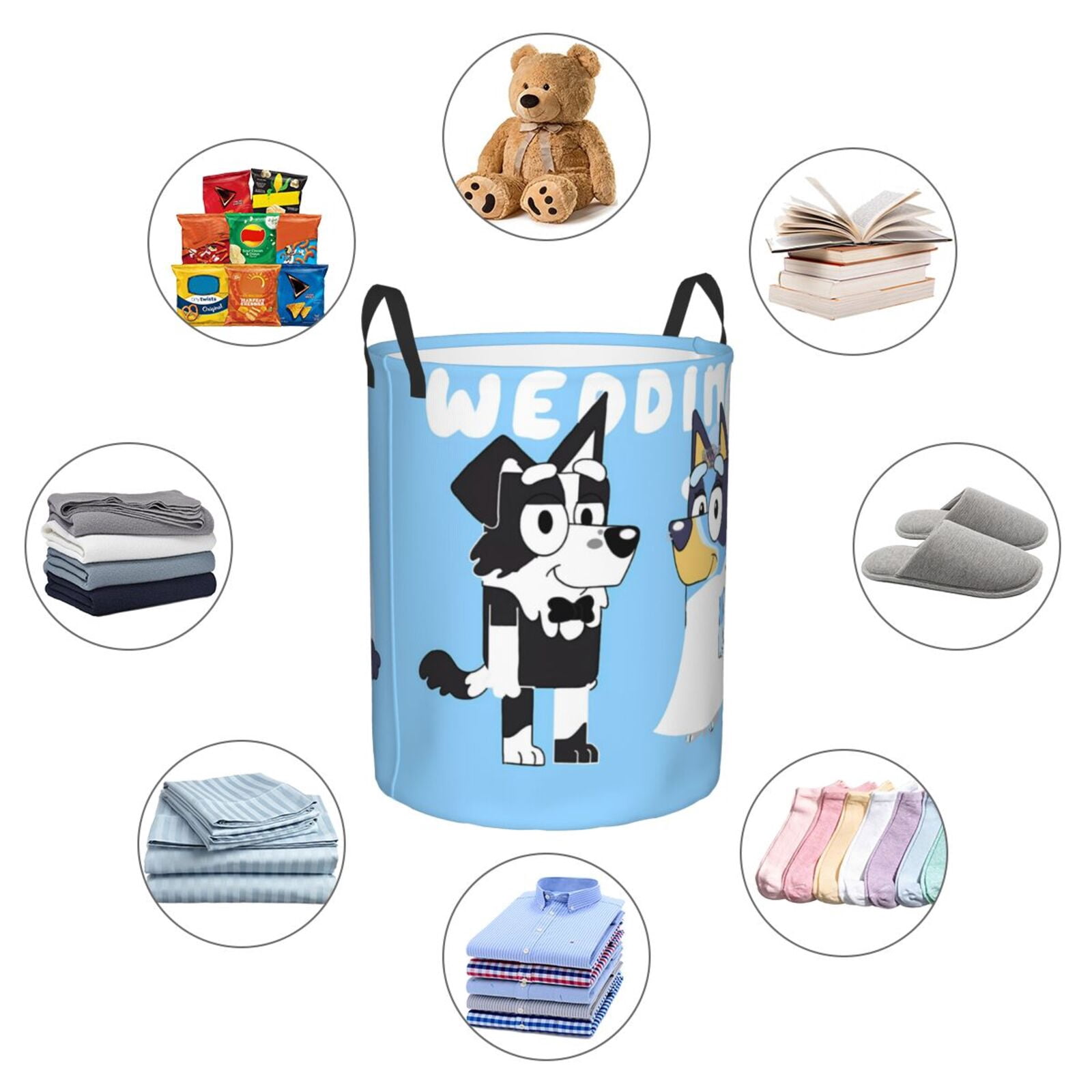 Silaia Bluey Print Round Laundry Clothes Hamper,Laundry Basket with Handles,Baby Toys Storage Organizer,Bins Laundry Basket for Bathroom, Bedroom Decorate-Small