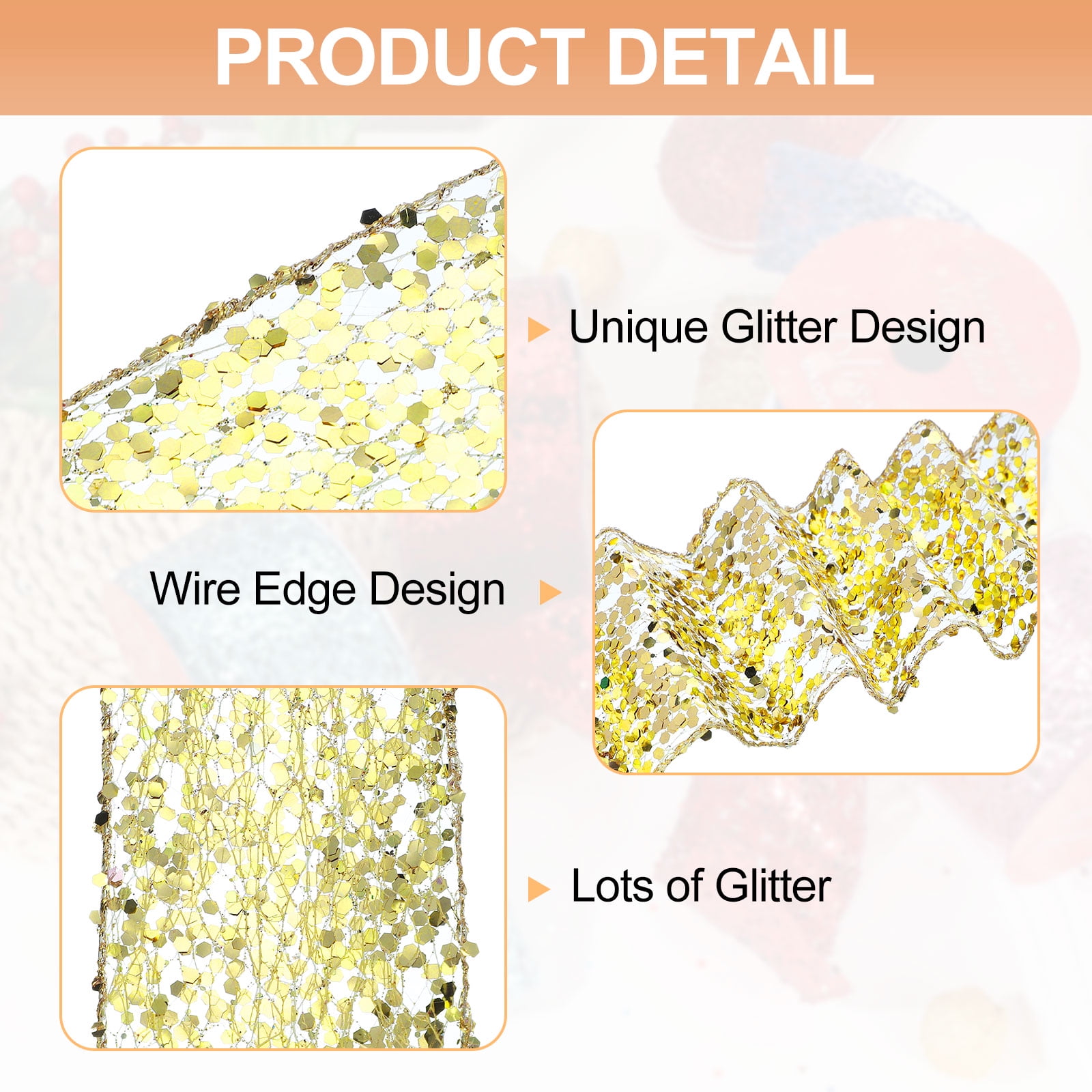 Uxcell Glitter Mesh Wired Ribbon for Bows Making Wedding Decor Gifts Crafts Gold