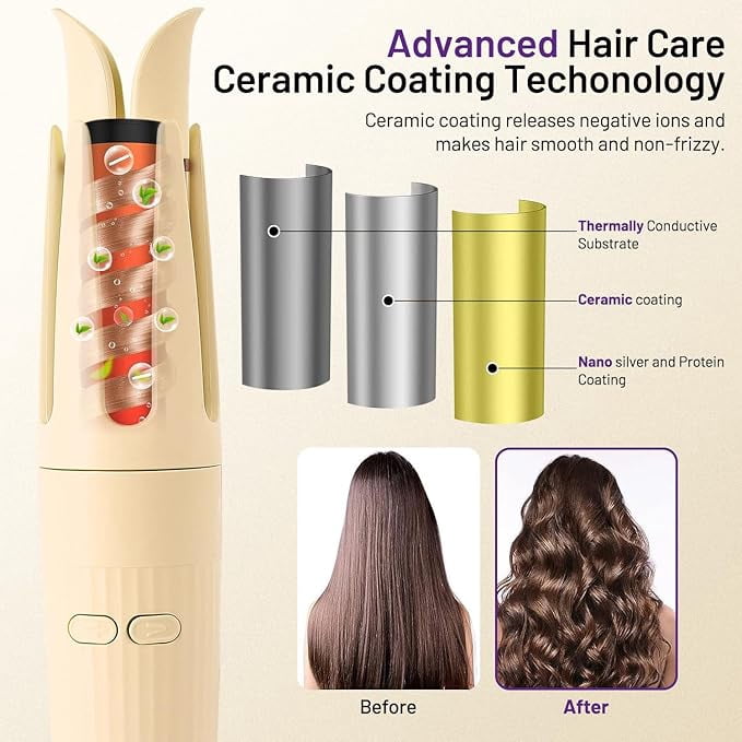 RKXQTAutomatic Hair Curling Iron Automatic Hair Curler Automatic Rotating with 3 Temperature Sets, Anti-Scald, Anti-Tangle Auto Curling Iron Rotating, Yellow