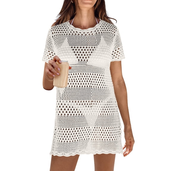 ANRABESS Women's Swimsuit Cover Up Beach Dress, Crochet Bathing Suit Cover Up Short Sleeve Mesh Knit Swim Coverup, Summer Vacation Beachwear