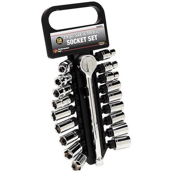Performance Tool W38301 19 Piece 3/8" Drive SAE and Metric 6 Point Socket Set with Ratchet