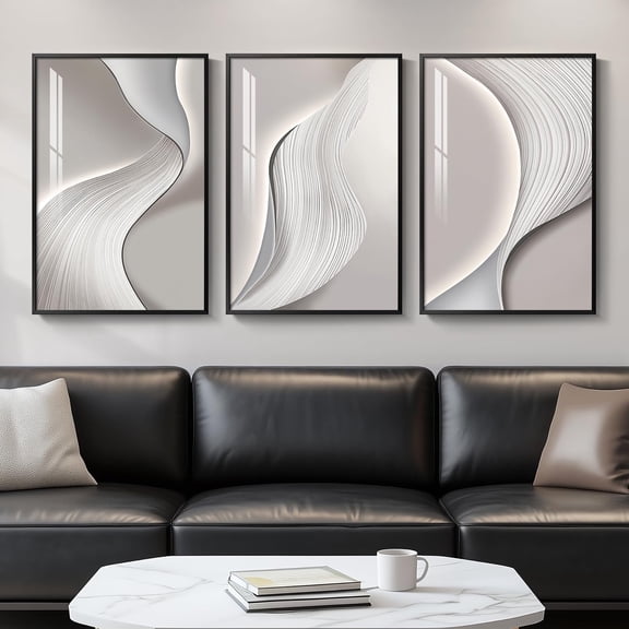 3-Piece Set 16x24 Inch Framed Modern Abstract Wall Art, Silver Gray Minimalist Bright Luxury Prints For Home