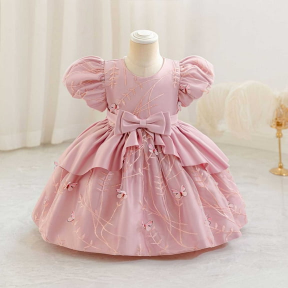 Delliss Girls Ruffle Bow Bubble Sleeve Butterfly Princess Dress Hot Pink 3 Years
