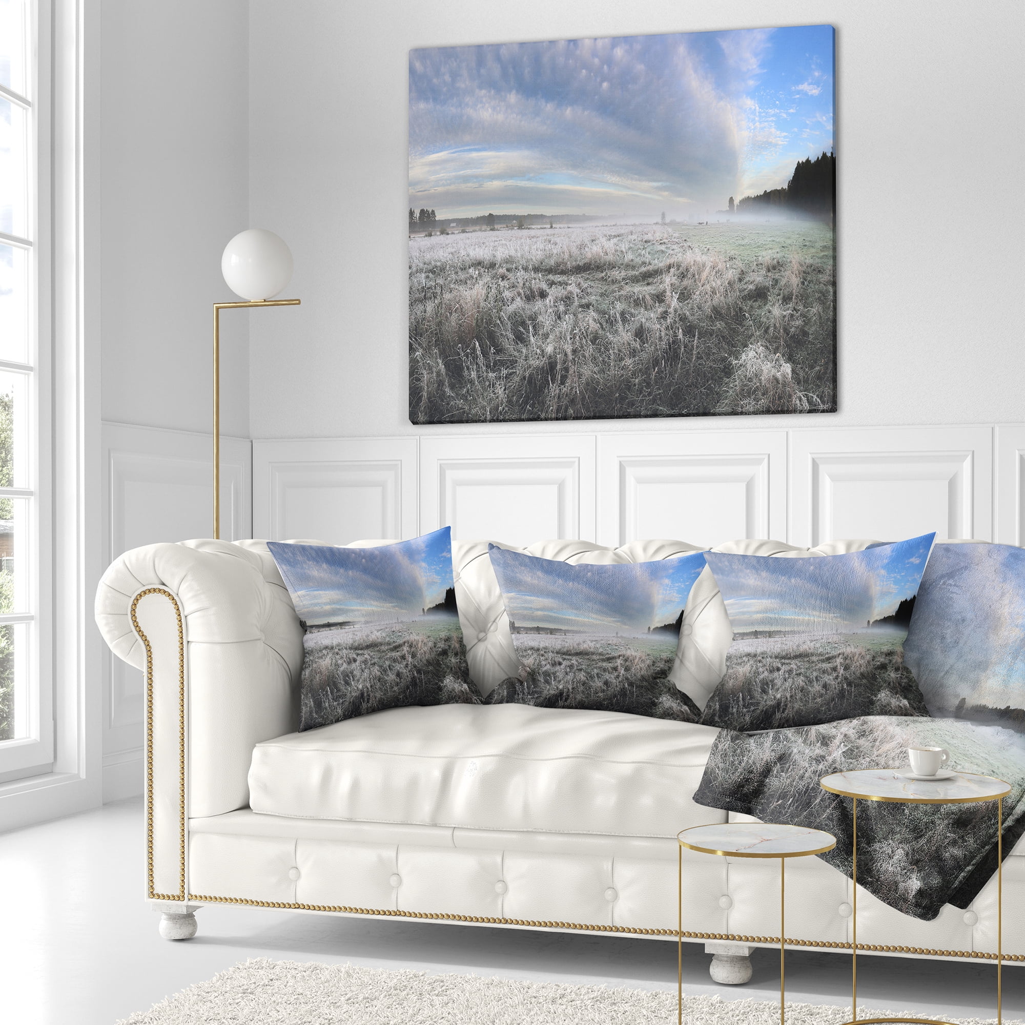 Designart Hoarfrost on Grass under Cloudy Sky - Landscape Printed Throw Pillow - 18x18