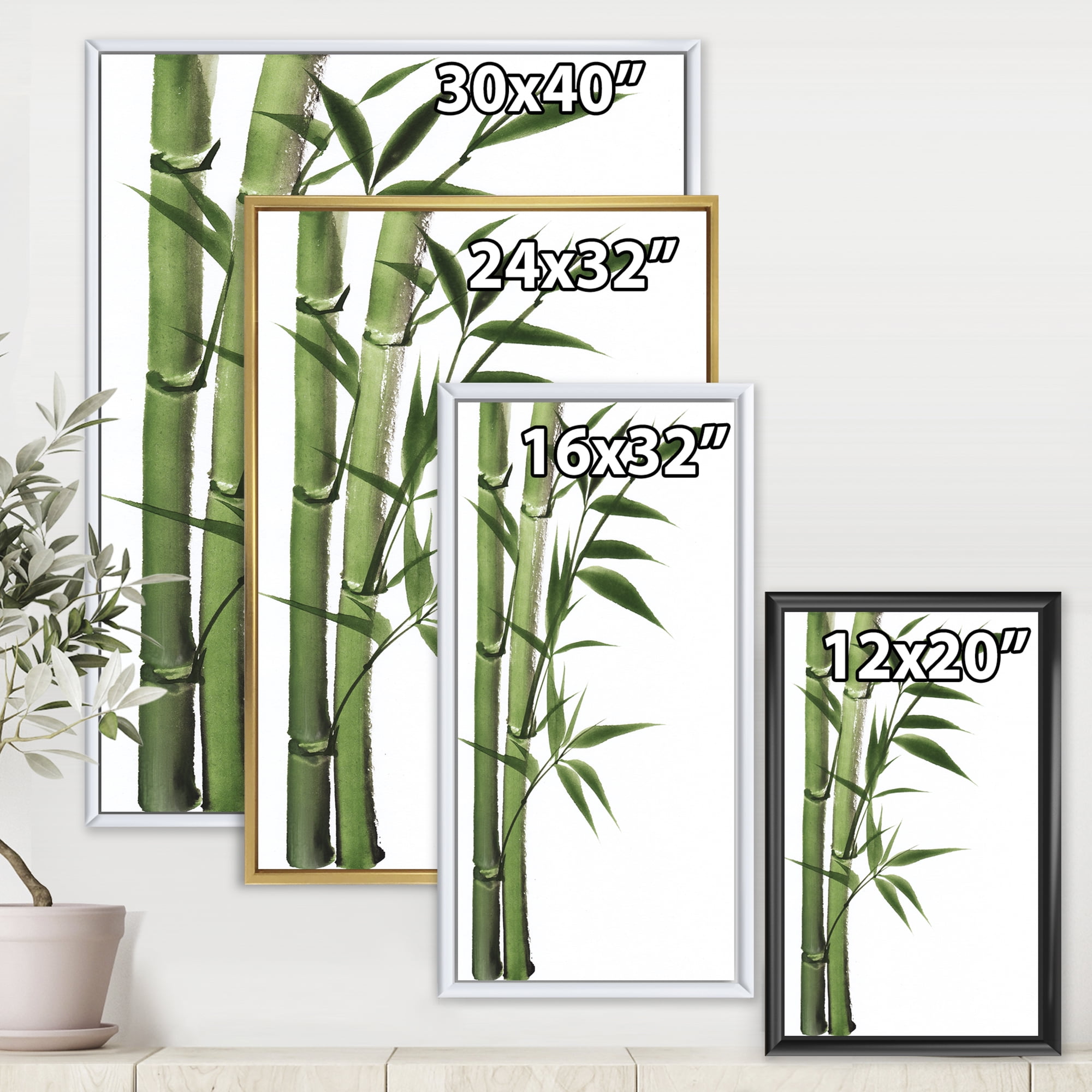 Designart 'Detail of Dark Green Bamboo and Leaves I' Traditional Framed Canvas Wall Art Print