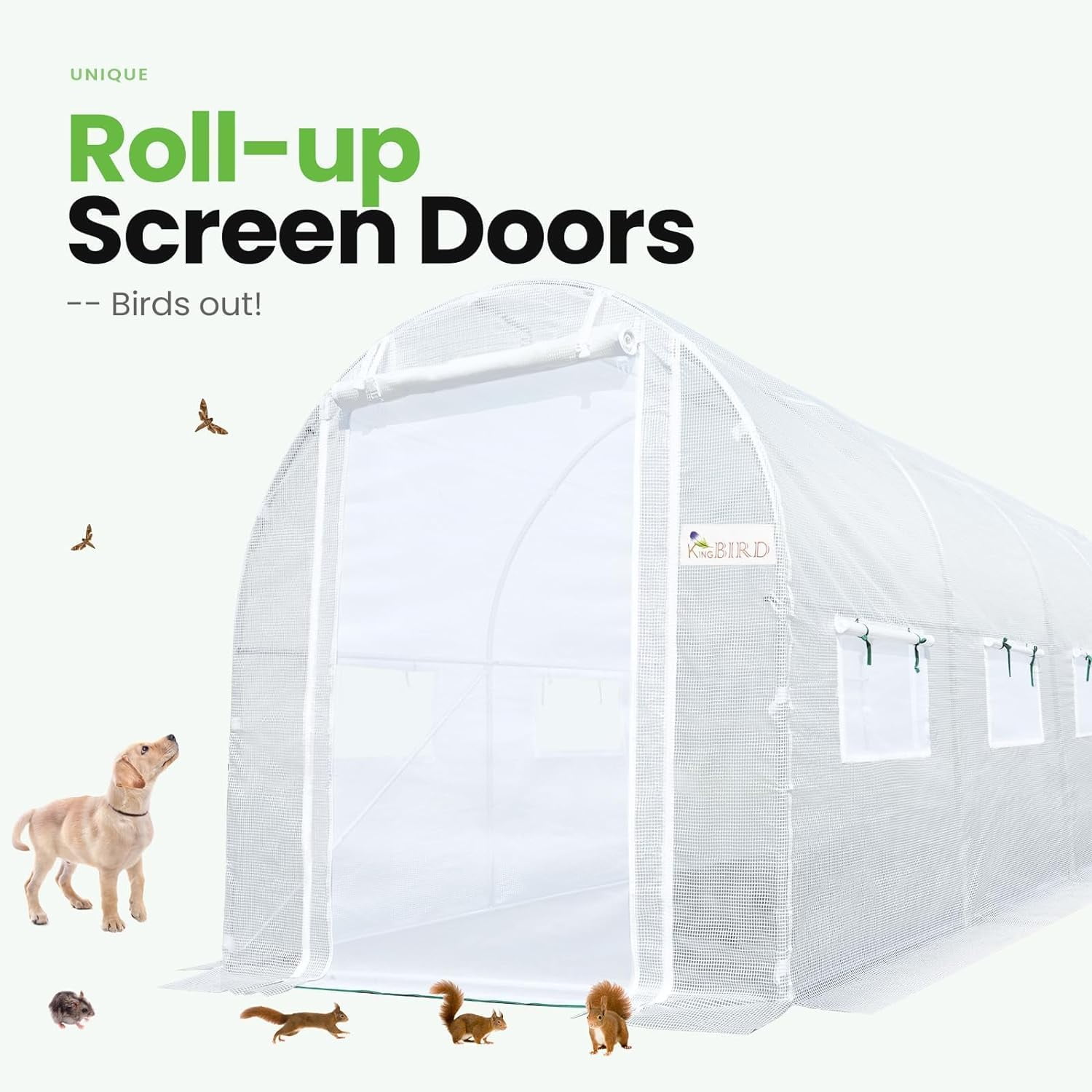 KING BIRD 15x6.6x6.6FT Large Walk-in Greenhouse Upgraded Heavy Duty Galvanized Steel Frame 2 Zippered Screen Doors 8 Screen Windows Tunnel Garden Plant Hot Green House White
