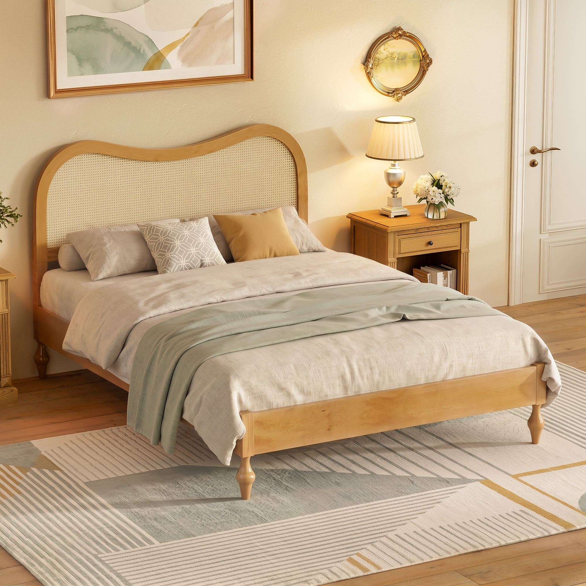 Mintazer Modern Queen Platform Bed with Wave Rattan Cane Headboard, Mid-Century Boho Bed Frame with Turned Legs for Bedroom, No Box Spring Needed, Natural