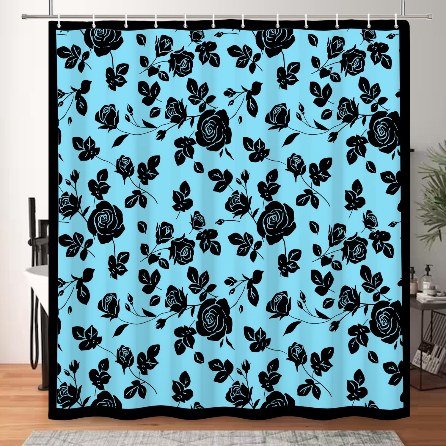MIZHONA Black and Blue Floral Shower Curtain Vintage Rose Print Waterproof Fabric Bathroom Curtain 47x64 in