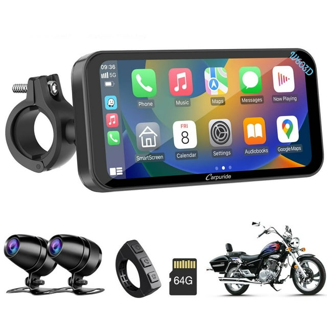 Carpuride Moto Pantalla CarPlay, Cámaras de Tablero Dual 1080P, Impermeable IP67, Pantalla Táctil (603D)