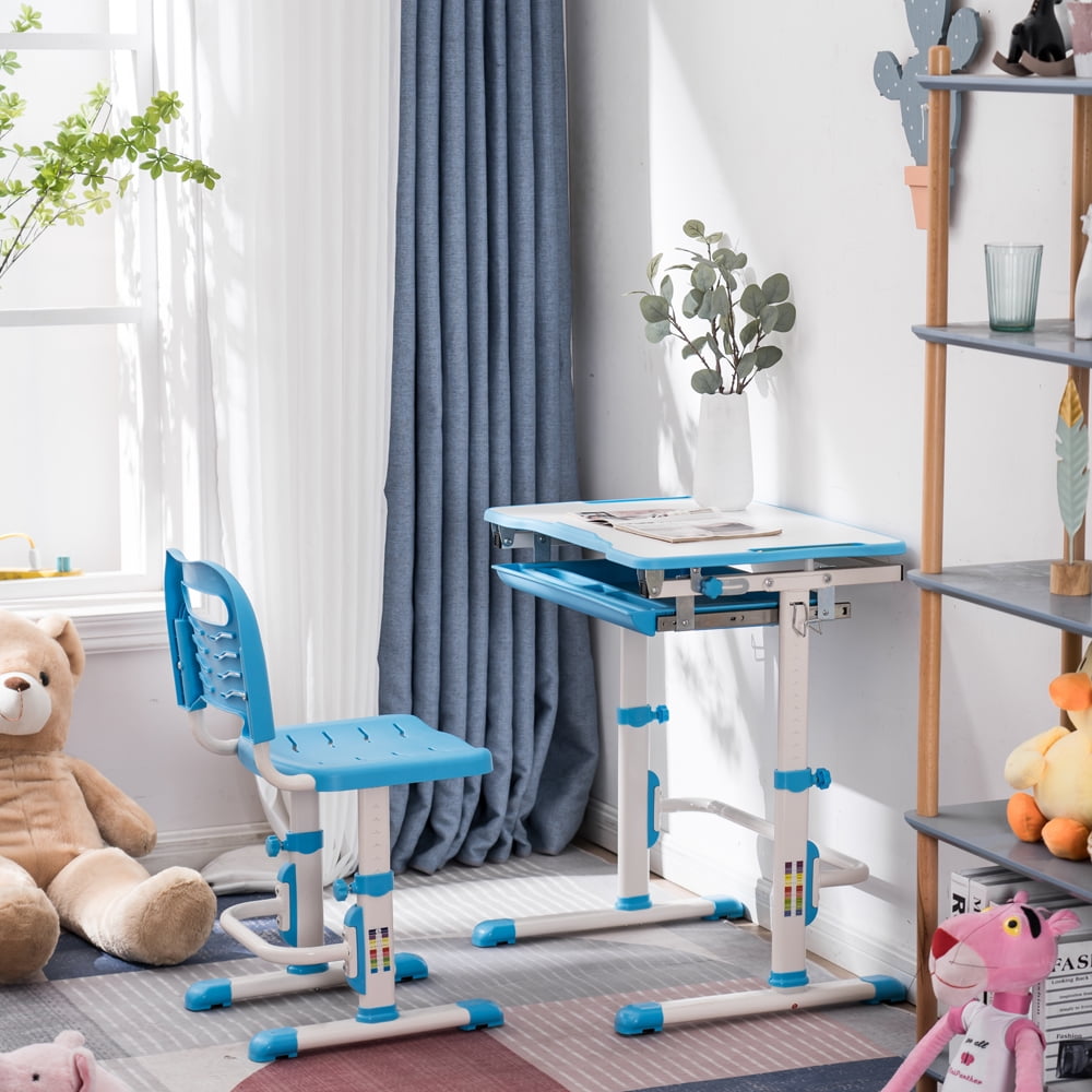 Kepooman Kids Desk, Children Study Table and Chair Set, Childs Desk, School Student Writing Desk, Light White Lacquered White Surface and Blue Plastic-B Kepooman Kids Desk, Children Study Table and Chair Set, Childs Desk, School Student Writing Desk, Light White Lacquered White Surface and Blue Plastic-B