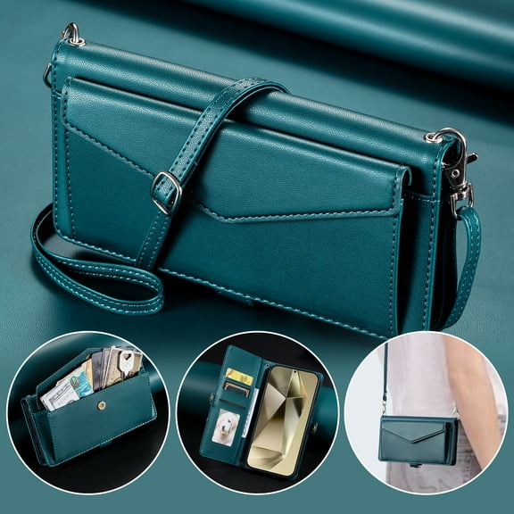 For Samsung Galaxy S24 Ultra Wallet Case, RFID Blocking Crossybody Shoulder Strap Hand Wrist Flip Cover Carsd Holder Snap Closure Protective Phone Case for Samsung Galaxy S24 Ultra, Green