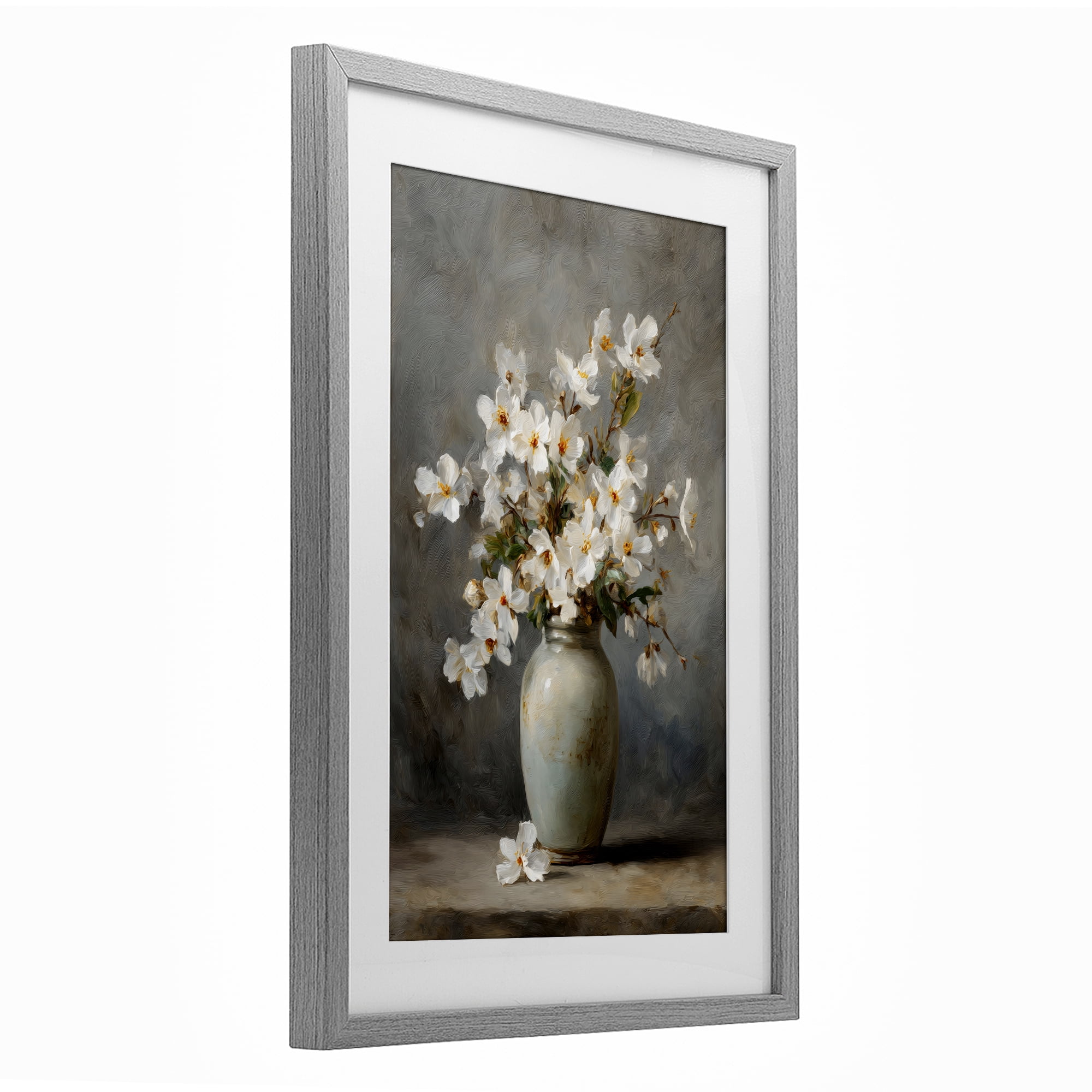 Stupell Industries Full White Flowers in Vase Gray Framed Print Under Glass, design by Petal Prints Design