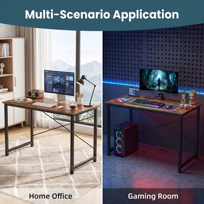 BEAUTYPEAK 44" Computer Desk Writing Gaming Table with Wood Top X-Shaped Reinforced Frame, Rustic Brown