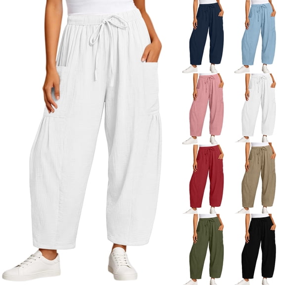 Tumotour Athletic Workout Running Pants for Women Elastic Waist Drawstring Wide-Leg Pants Slacks Summer Beach Trousers with Pocket