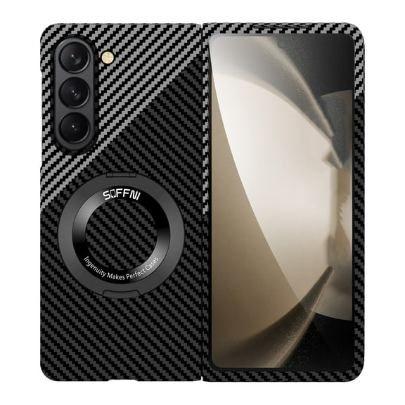 Elehold Magnetic for Samsung Galaxy Z Fold 7 Case, Compatible with Mag-Safe Accessories, Rotating Ring Holder Kickstand Carbon Fiber Pattern Protective Phone Cover for Samsung Z Fold 7,Black/Silver
