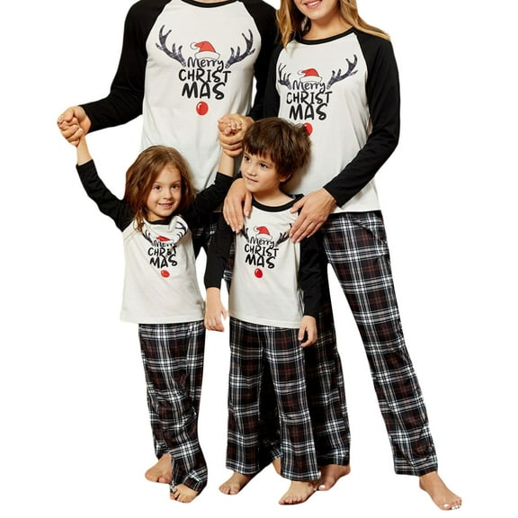 Family Matching Christmas Pajamas Sets Long Sleeve Elk Print Tops Plaid Pants or Long Sleeve Patchwork Jumpsuit
