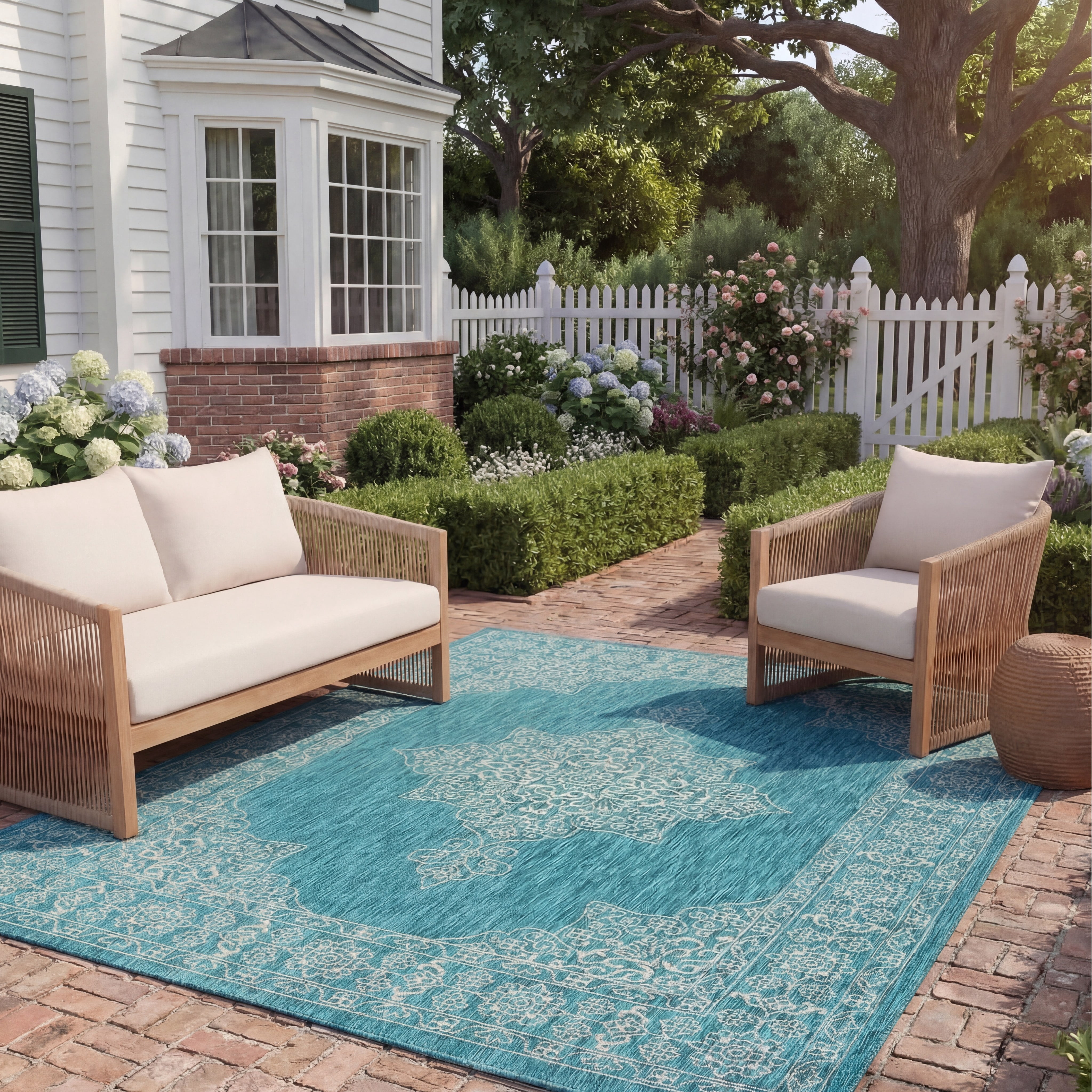 SAFAVIEH Courtyard Delbet Medallion Indoor/Outdoor Area Rug, Teal/Ivory, 8' x 11'