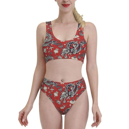 Bixox Dragons2 Pattern Two-Piece Sports Bikini with U-Shaped Top and High-Waist Bottom - Women s Swimwear with Removable Bra Pads