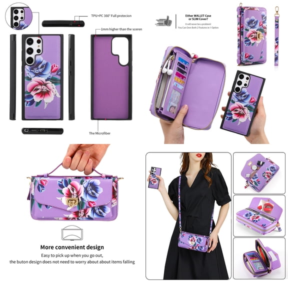 for Samsung Galaxy S23 Plus Wallet Case - Magnetic Detachable Back Case with RFID Blocking Card Holder, Hand Strap & Crossbody Strap, Floral Flower PU Leather Flip Cover Case for Women Girls, Purple