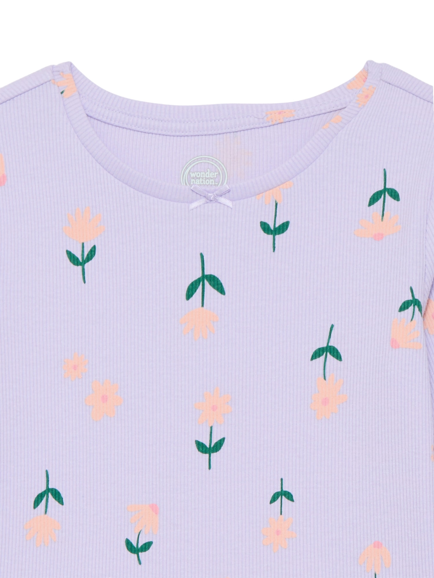 Wonder Nation Girls Printed Rib Tee with Long Sleeves, Sizes 4-10