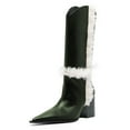 thumbnail image 2 of FSJ Women Comfortable Pointed Closed Toe Faux Fur Lined Knee High Boots Chunky Block Heels Tall Boots Party Date Shoes Size 6.5 Green, 2 of 4