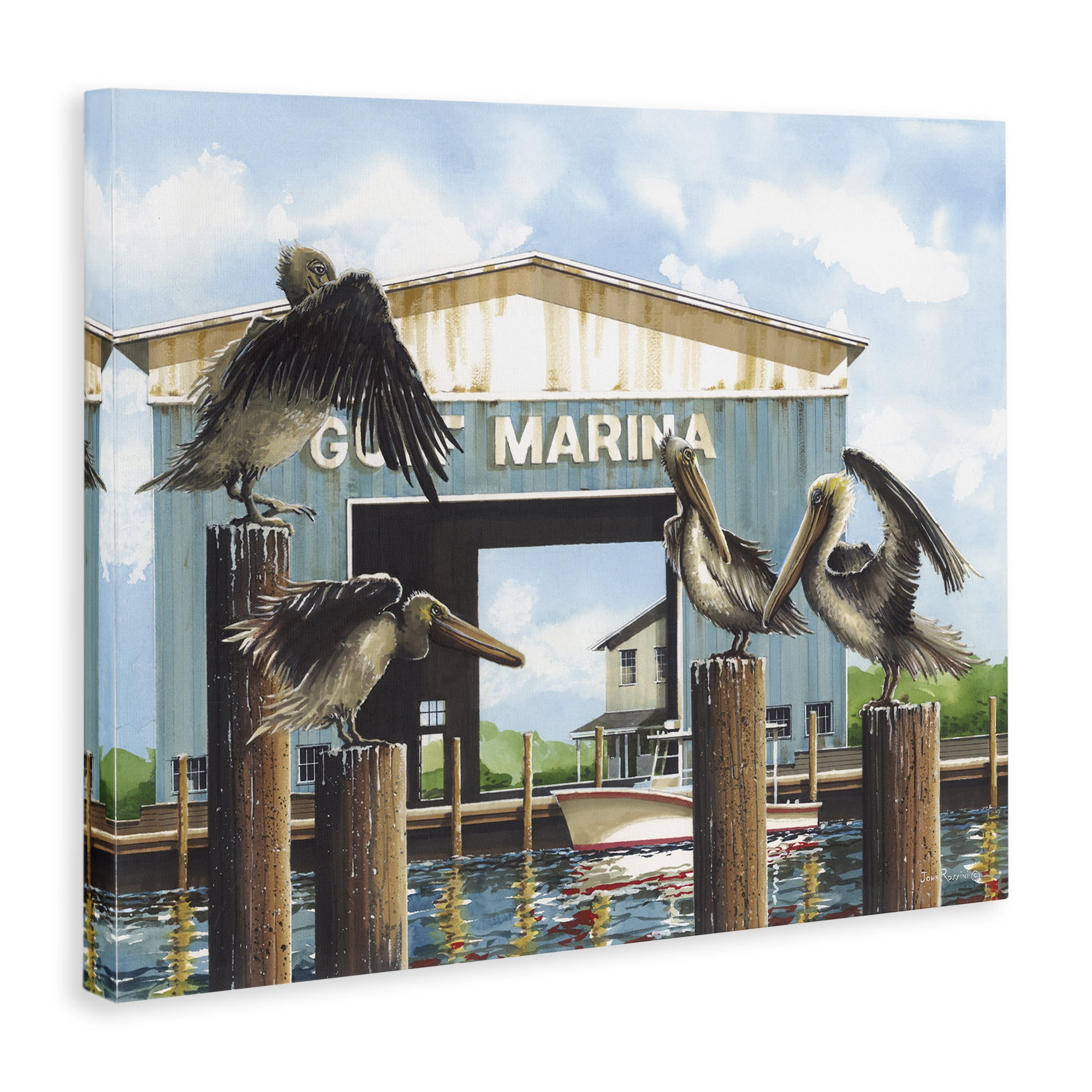 Stupell Industries Boat Marina Pelicans Nautical & Beach Painting Wrapped Canvas Art Print Wall Art, 48 x 36