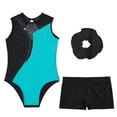 thumbnail image 3 of YONGHS Girls Gymnastics Tumbling Outfits Rhinestone Sleeveless Leotard with Shorts Balelt Dancewear Blue Green 16, 3 of 7