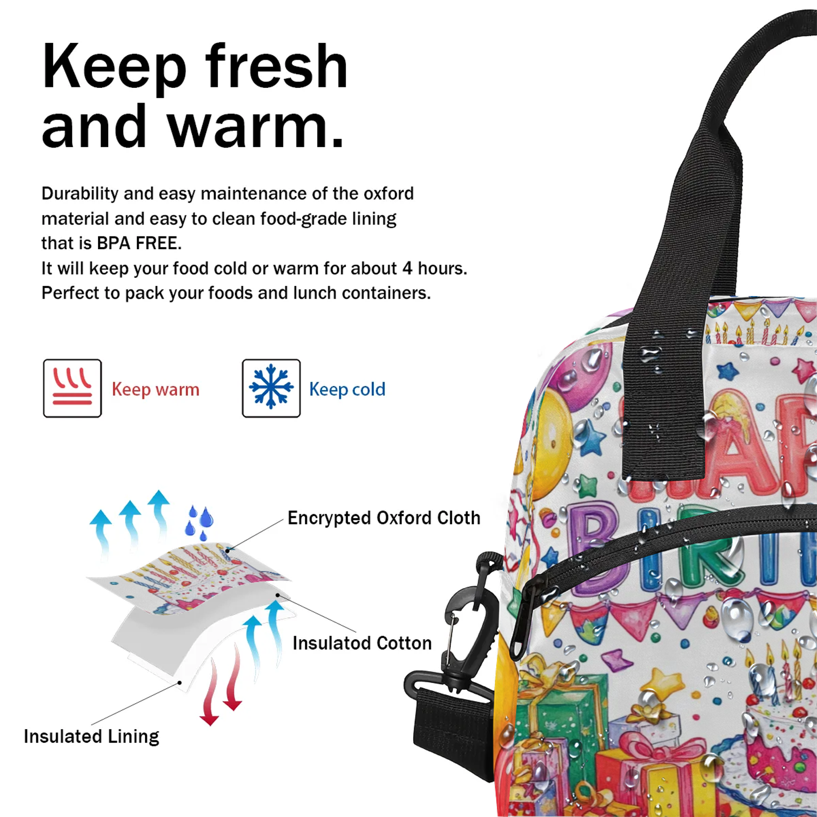 Herdesigns Happy Birthday Lunch Bag for Men Women Adults Colorful Balloons Insulated Lunch Box Leakproof Cooler Tote Bag Organizer with Adjustable Shoulder Strap