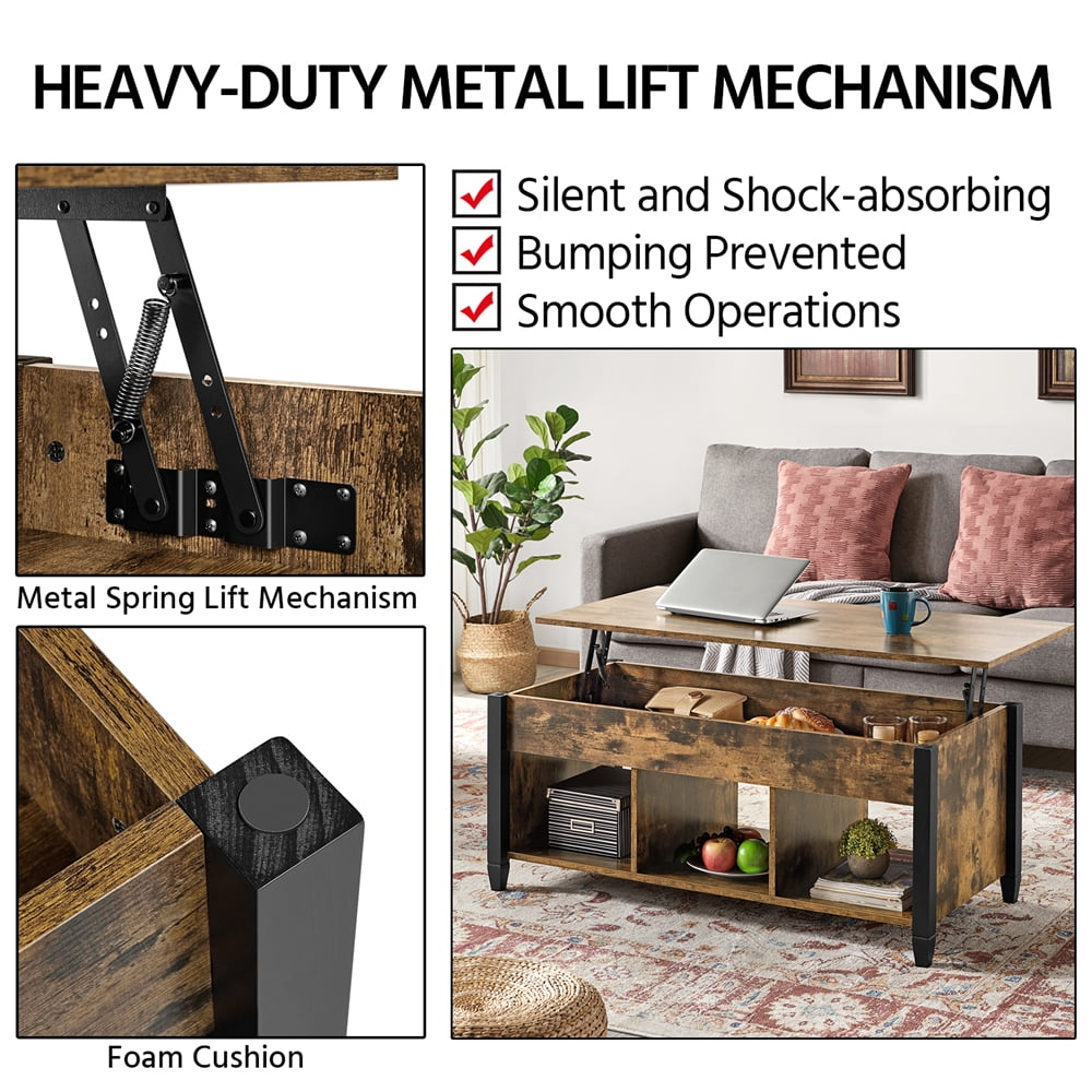 Alden Design 47.5" Lift Top Coffee Table with 3 Storage Compartments, Rustic Brown