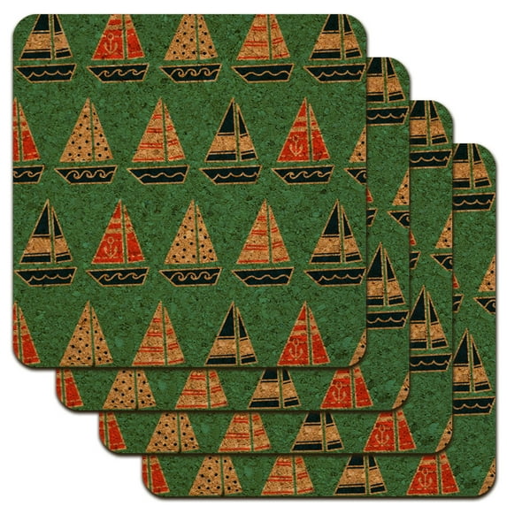 Cute Sailboats Pattern Low Profile Novelty Cork Coaster Set