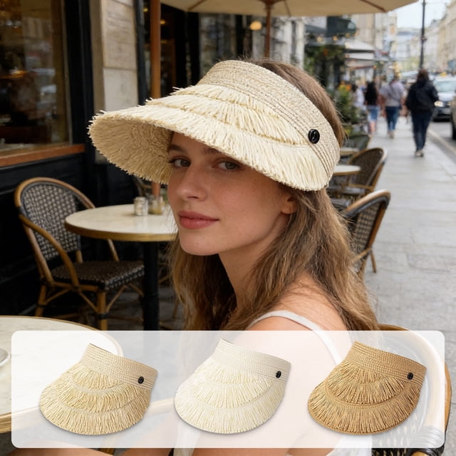 Sombrero de paja para mujer con visera de sol para verano – sombrero de playa de ala ancha, visera de golf plegable enrollable con protección UV, tapa abierta ajustable
