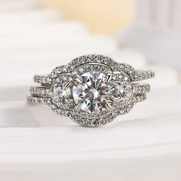 Eloya Jewel Trio Ring Set for Women in 14K White Gold Plated - 1.6 Ct Round Cut Lab Created Diamond Wedding Band Set - Bridal Three Stone Ring for Anniversary or Ceremony