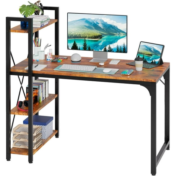 BestOffice FDW 48"x24" Computer Desk, Bookshelf – Extra Large for Home, Study, or Gaming – Ergonomic Writing Table for Students, Kids, Vintage
