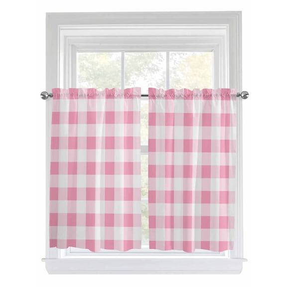 Kitchen Curtains 45 Inches length, Pink Checkered Window Treatment Curtain Drapes, Pink White Buffalo Plaid Lightweight Window Panels for Living Room Bedroom, 52"x45", 2 Panels