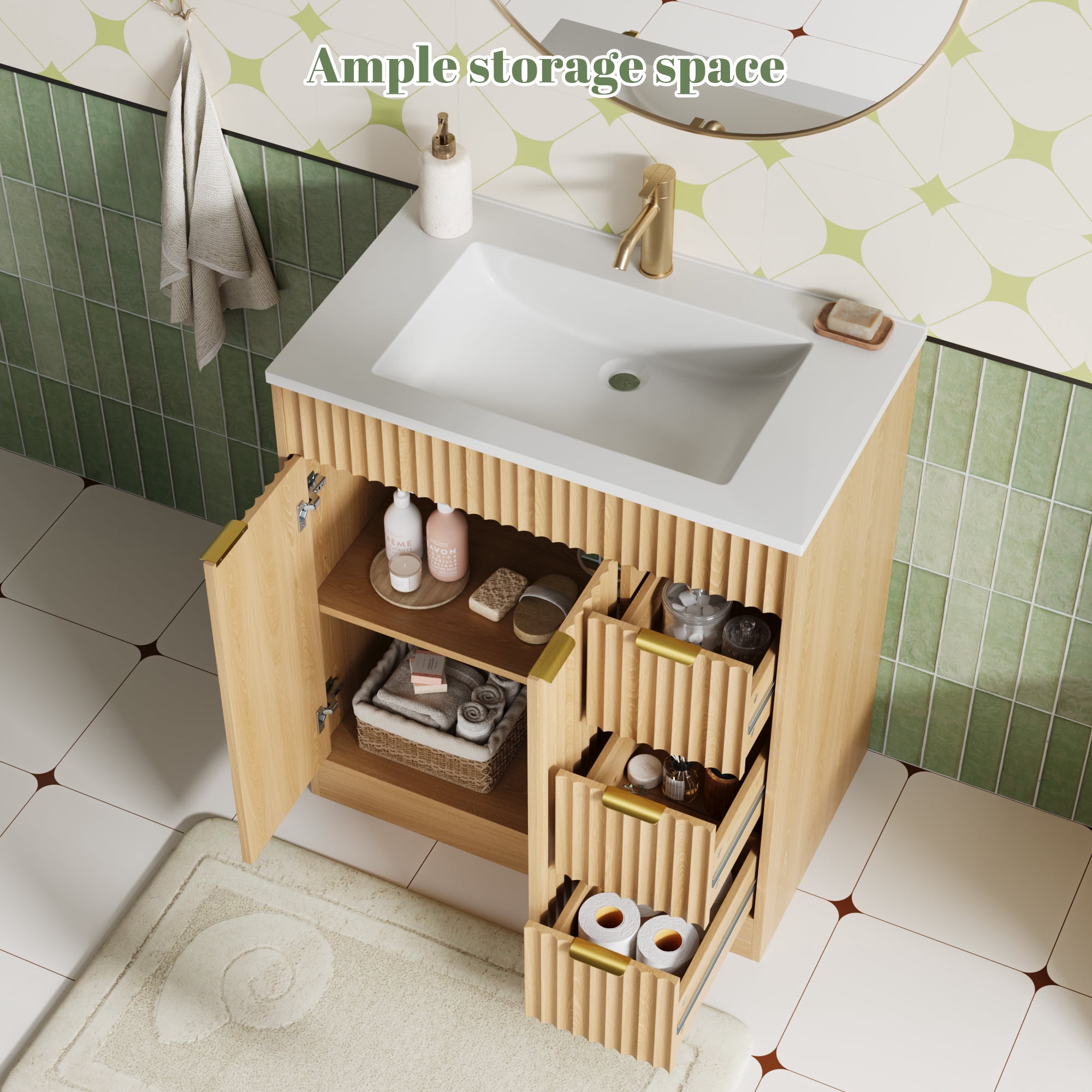 ASTUVIA 30" Fluted Bathroom Vanity Cabinet with 3 Drawers,Bathroom Vanity with Sink and Soft-Close Doors,Freestanding Small Bathroom Sink Cabinet,OAK