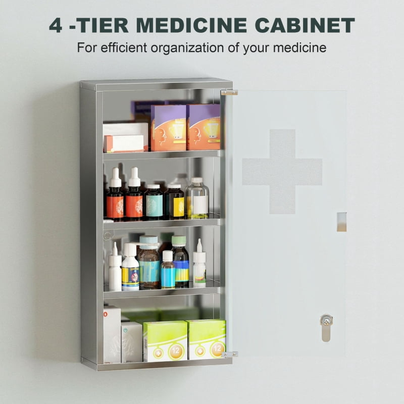 Alvantor Lockable Medicine Storage Cabinet with 4 Shelves, Stainless Steel Wall Mount Silver 12"x24"
