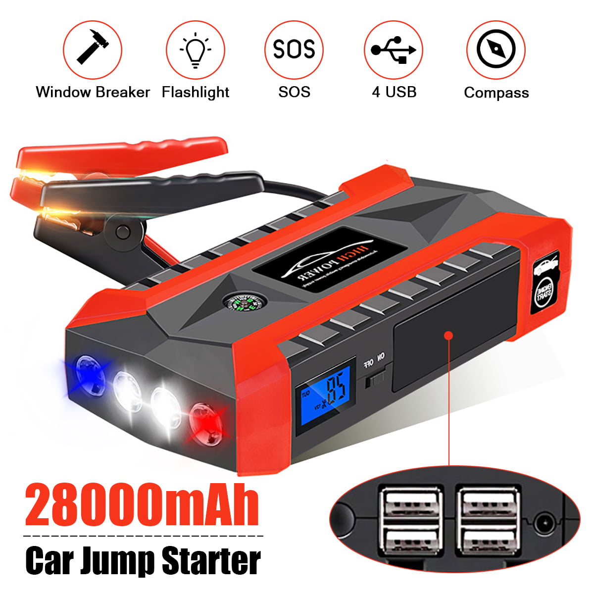 Car Jump Starter-1000A Peak 20000Mah,12V Auto Battery Booster Emergency Power,8.0L Diesel LED Flashlight Compass SOS-4 USB Ports