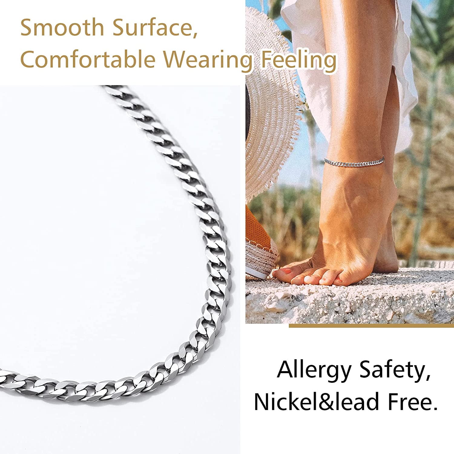 FindChic Womens S925 Sterling Silver Ankle Chains Flat Curb Chain Anklets 8.5" Foot Link Beach Jewelry, with Gift Box