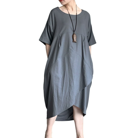 Women's Cotton Linen Dresses Irregular Hem Shirt Dress with Pockets Gray M